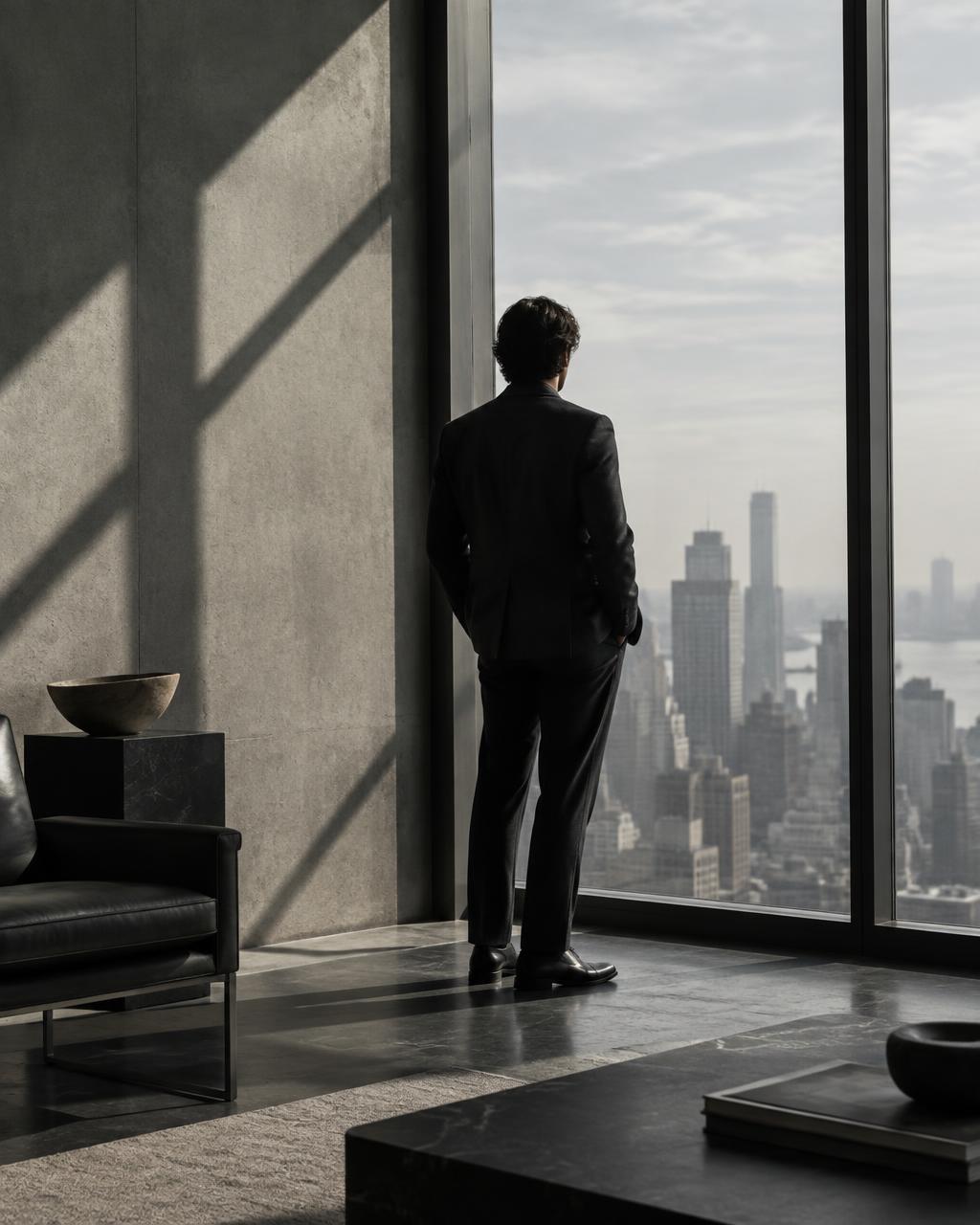 Anonymous figure looking over a city from a quiet studio