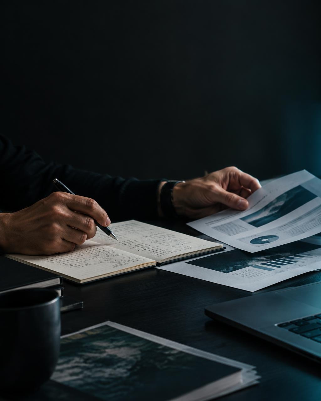 Founder reviewing strategy notes at a desk
